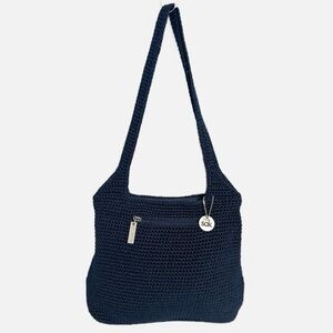The Sak Navy Blue Crocheted Shoulder Bag Zip Closure Fully Lined Silver Hardware